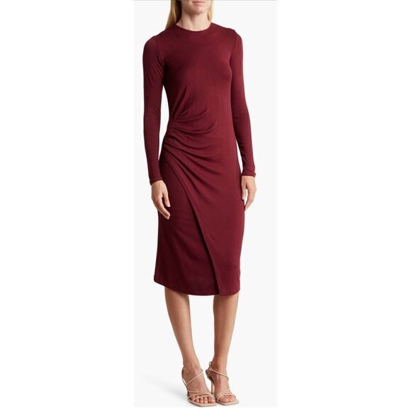 Vince Gathered Long Sleeve Midi Dress in Plum Wine NWT Size Small - Picture 1 of 7